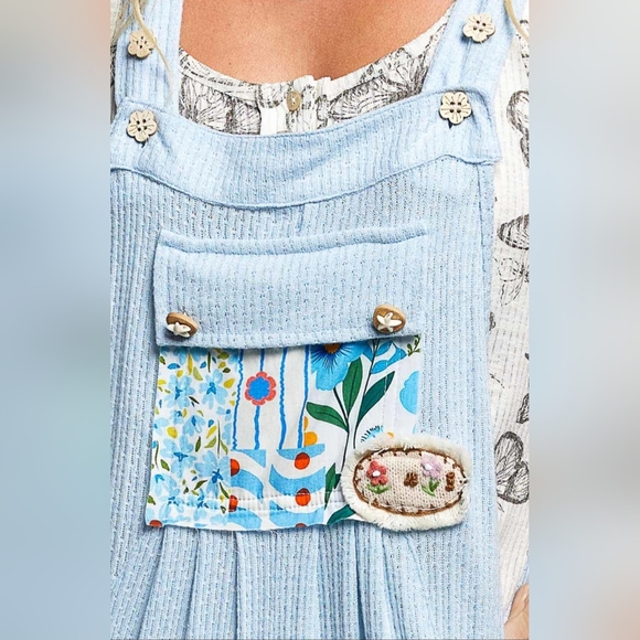 #1432 POL Sky Bloom Patchwork Waffle Knit Boho Overalls - Picture 6 of 6